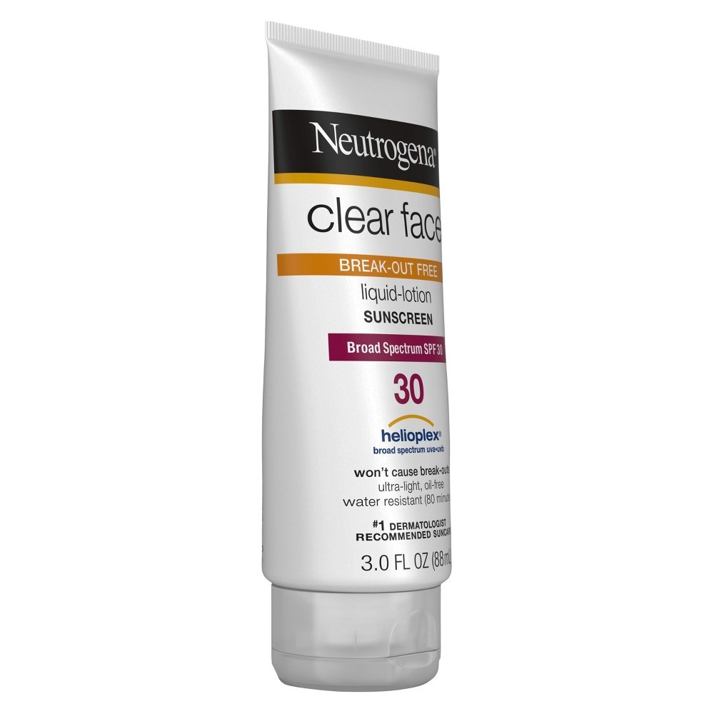 slide 3 of 3, Neutrogena Clear Face Liquid Sunscreen for Acne-Prone Skin, Broad Spectrum SPF 30 Sunscreen Lotion with Helioplex, Oxybenzone-Free, Oil-Free, Fragrance-Free; Non-Comedogenic, 3 oz