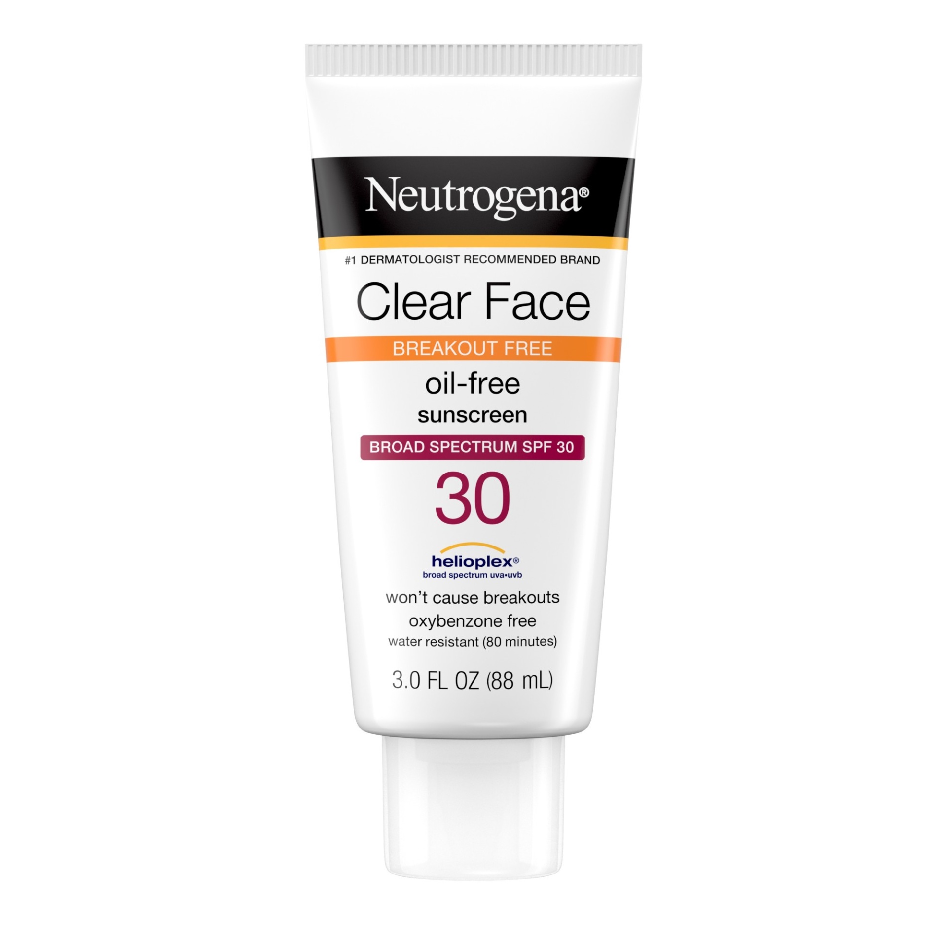 slide 1 of 3, Neutrogena Clear Face Liquid Sunscreen for Acne-Prone Skin, Broad Spectrum SPF 30 Sunscreen Lotion with Helioplex, Oxybenzone-Free, Oil-Free, Fragrance-Free; Non-Comedogenic, 3 oz