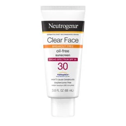 Neutrogena Clear Face Liquid Sunscreen for Acne-Prone Skin, Broad Spectrum SPF 30 Sunscreen Lotion with Helioplex, Oxybenzone-Free, Oil-Free, Fragrance-Free; Non-Comedogenic, 3 fl. oz