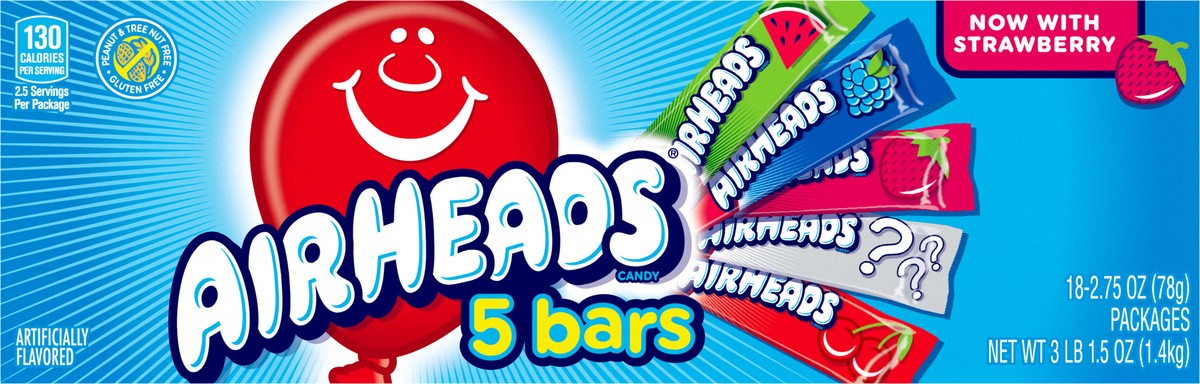 slide 3 of 13, Airheads Individually Wrapped Full Size Candy Bars 5 Flavor Variety Pack, 18 Count Bulk Pack, (.55 ounce bars), 18 ct