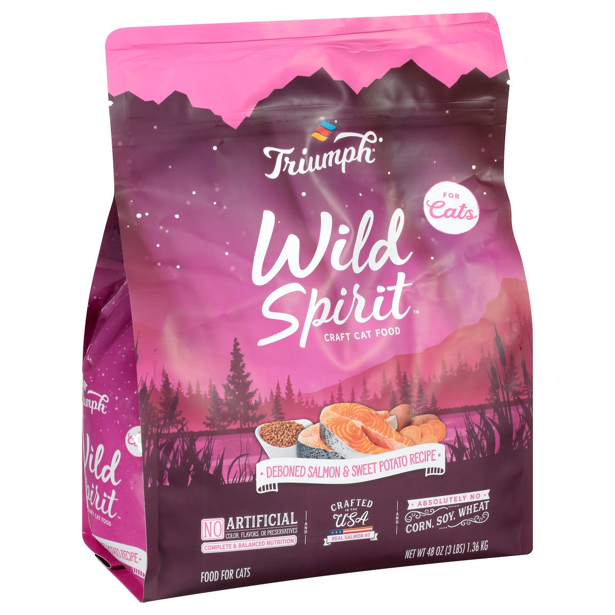 slide 2 of 12, Triumph Wild Spirit Deboned Salmon & Sweet Potato Recipe Cat Food 48 oz, 48 oz