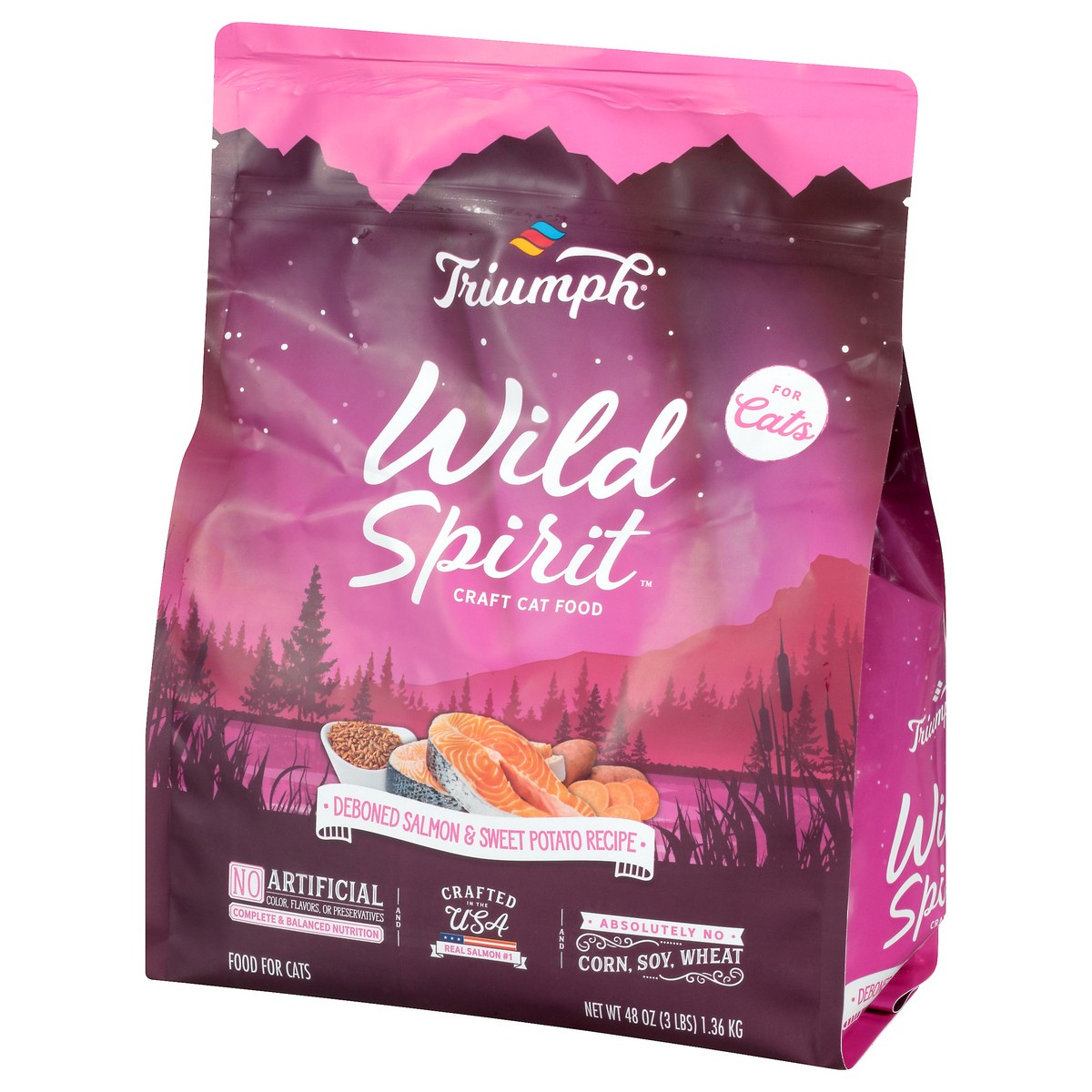 slide 10 of 12, Triumph Wild Spirit Deboned Salmon & Sweet Potato Recipe Cat Food 48 oz, 48 oz