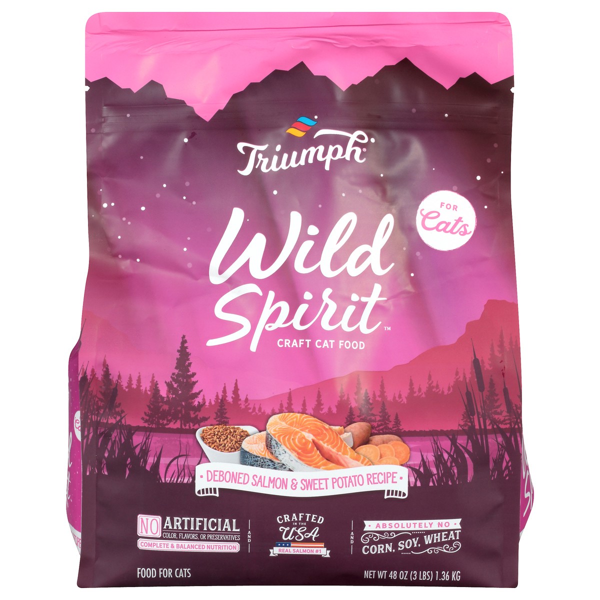 slide 5 of 12, Triumph Wild Spirit Deboned Salmon & Sweet Potato Recipe Cat Food 48 oz, 48 oz