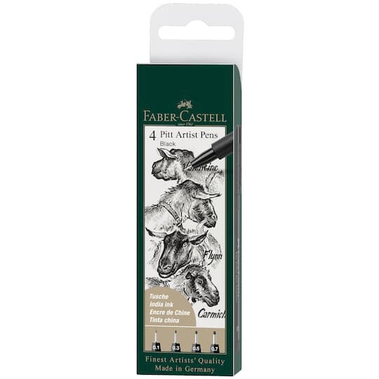slide 1 of 4, Faber-Castell Pitt 0.1mm-0.7mm Black 4 Piece Artist Pen Set, 0.1mm