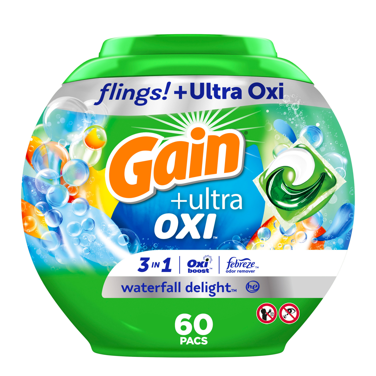 slide 1 of 6, Gain Flings Ultra Oxi Waterfall Delight Liquid Laundry Detergent Pacs, 60 ct