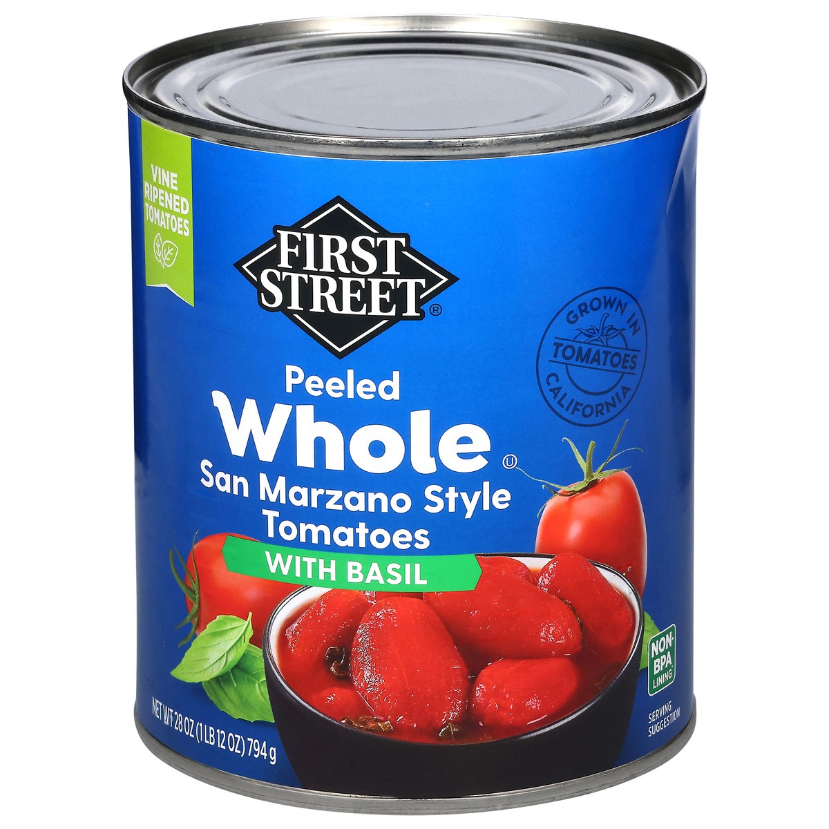 slide 4 of 4, First Street Fs/Lr Whole Peeled Pear Tomatoes With Basil, 28 oz