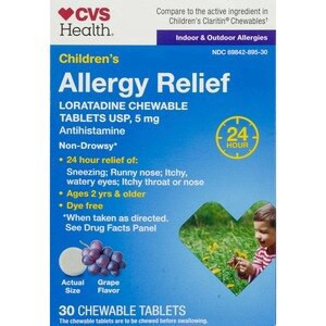slide 1 of 1, CVS Health Children's 24Hr Allergy Relief Dye Free Loratadine Chewable Tablets, Grape, 30 Ct, 1 ct