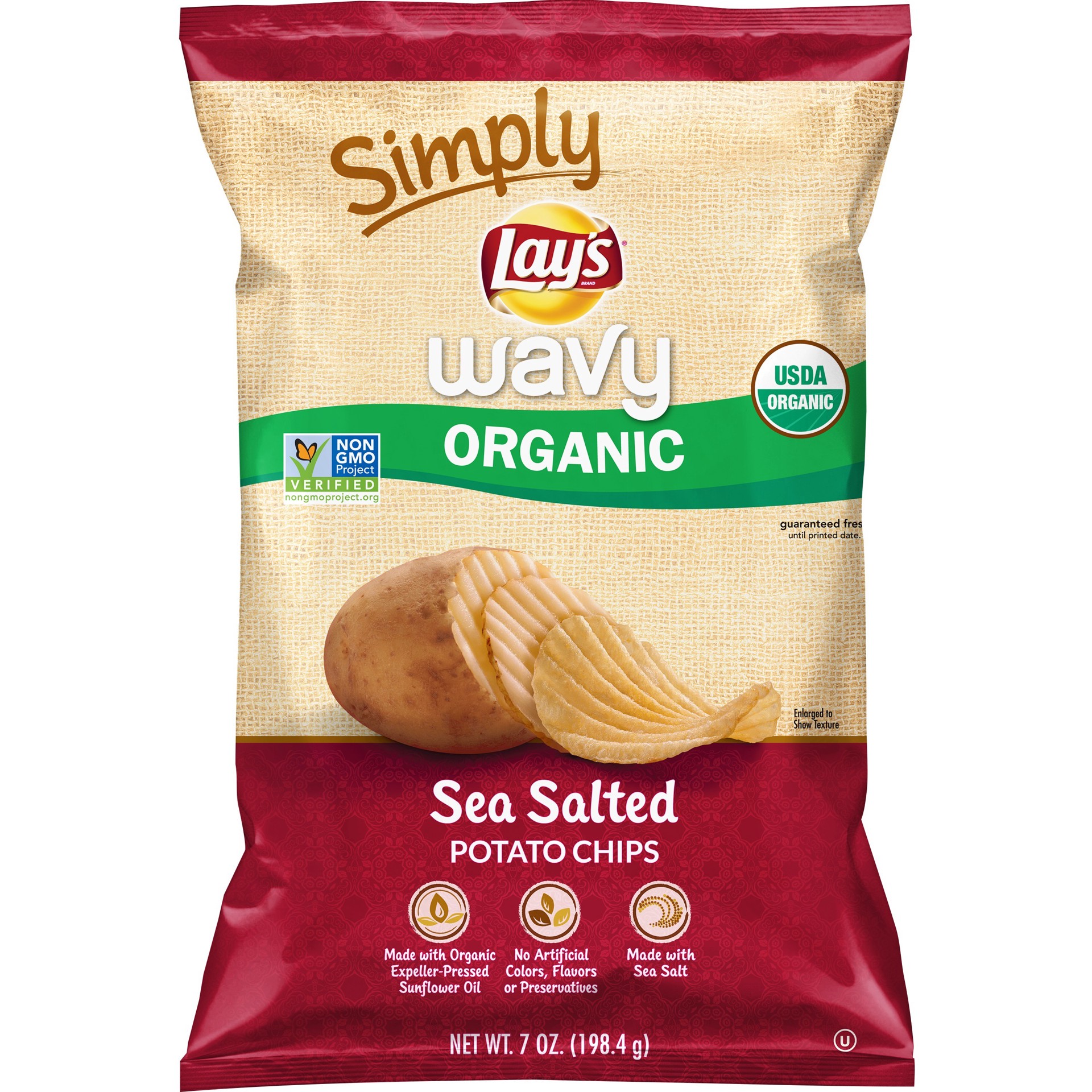 slide 1 of 3, Lay's Simply Organic Wavy Potato Chips Sea Salted 7 Ounce Plastic Bag, 7 oz