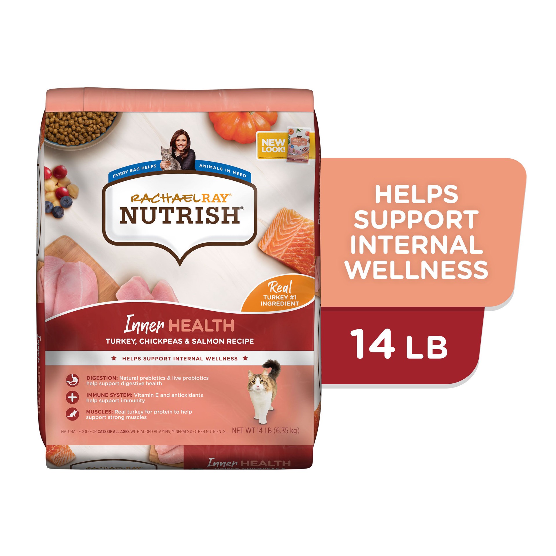 slide 5 of 9, Rachael Ray Nutrish Inner Health Turkey, Chickpeas & Salmon Recipe Dry Cat Food, 14 lb. Bag, 14 lb