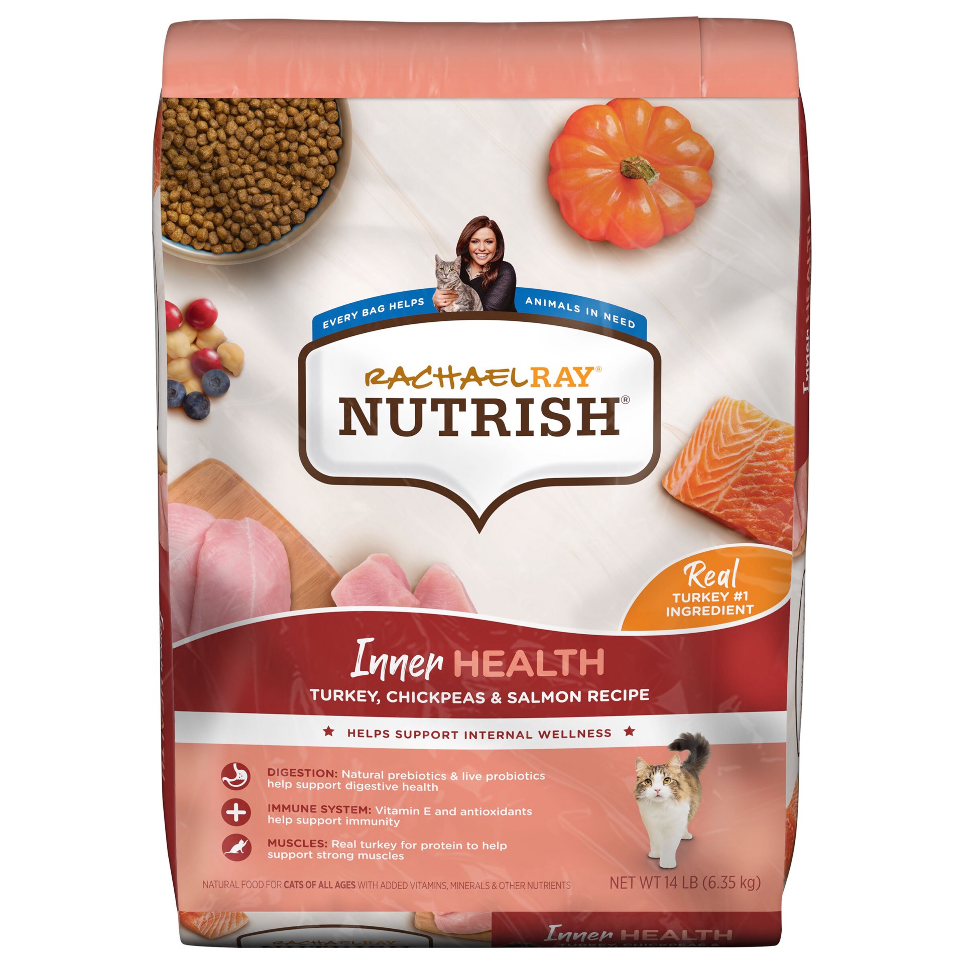 slide 1 of 9, Rachael Ray Nutrish Inner Health Turkey, Chickpeas & Salmon Recipe Dry Cat Food, 14 lb. Bag, 14 lb