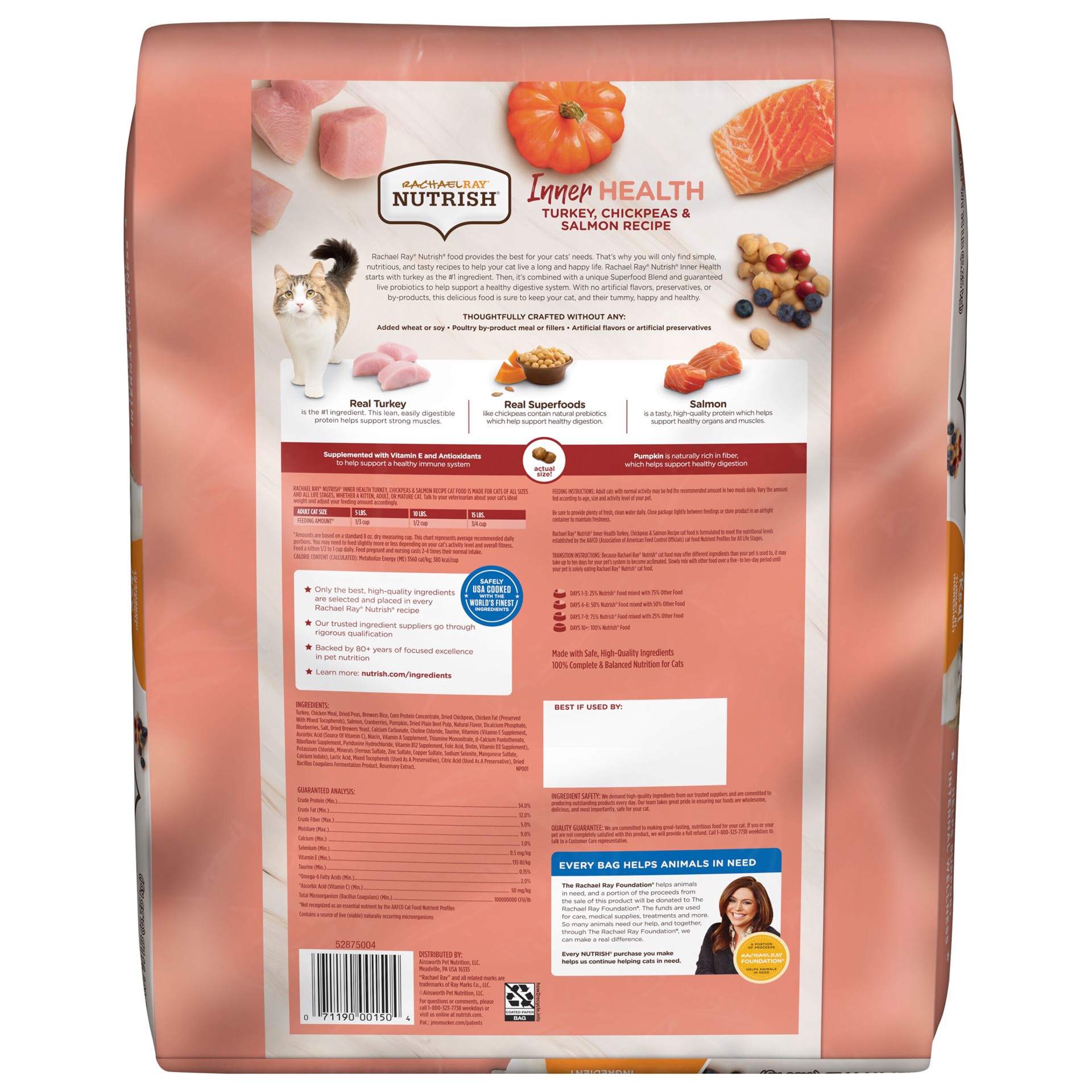 slide 4 of 9, Rachael Ray Nutrish Inner Health Turkey, Chickpeas & Salmon Recipe Dry Cat Food, 14 lb. Bag, 14 lb