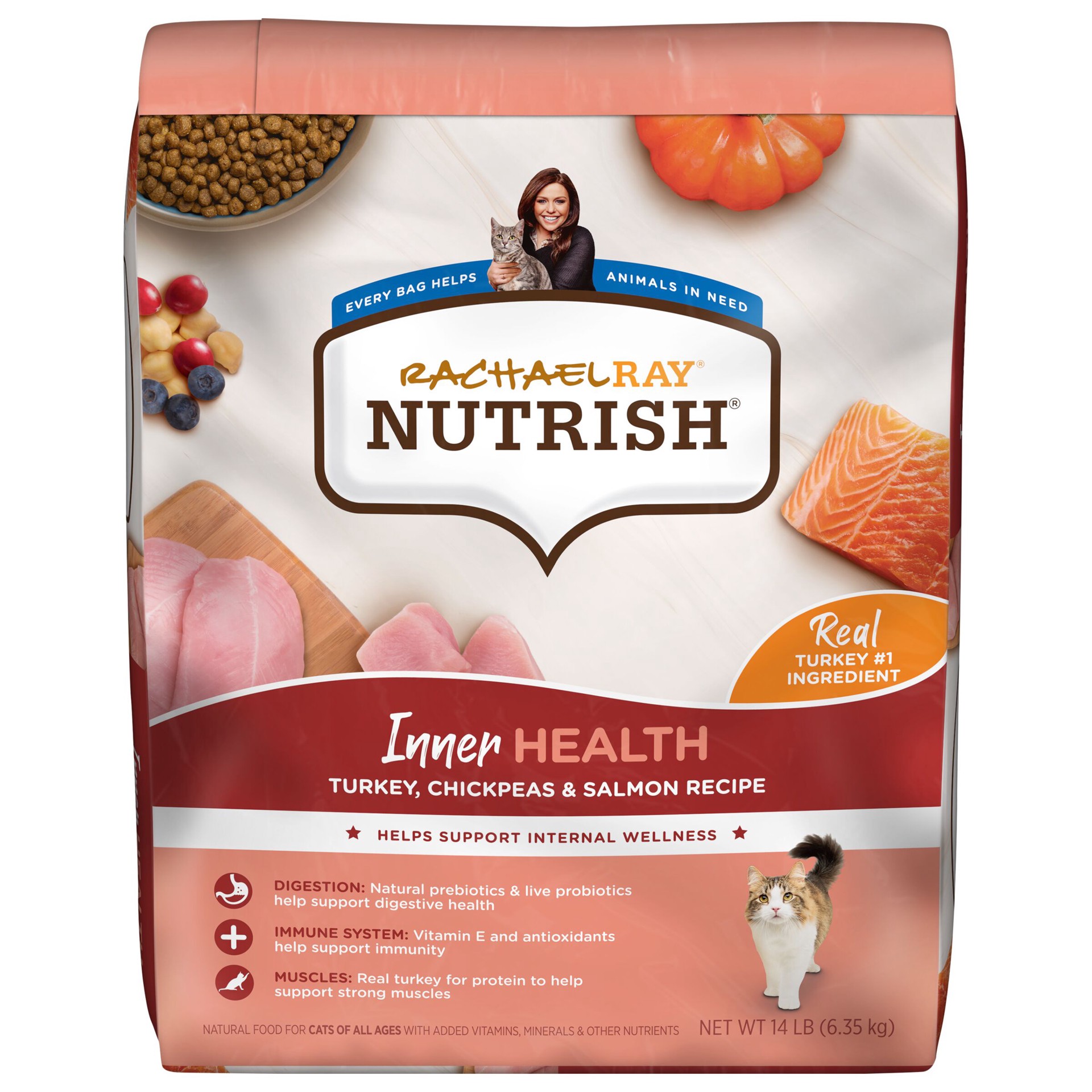 slide 1 of 9, Rachael Ray Nutrish Inner Health Turkey, Chickpeas & Salmon Recipe Dry Cat Food, 14 lb. Bag, 14 lb