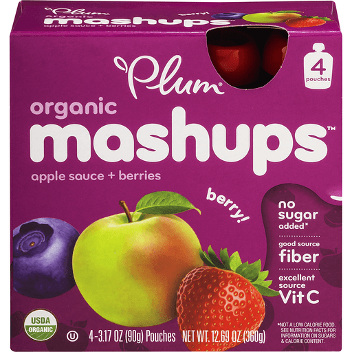 slide 2 of 8, Plum Organics Mashups Applesauce + Berries Pouches, 4 ct; 3.17 oz