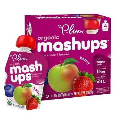 slide 1 of 8, Plum Organics Mashups Applesauce + Berries Pouches, 4 ct; 3.17 oz