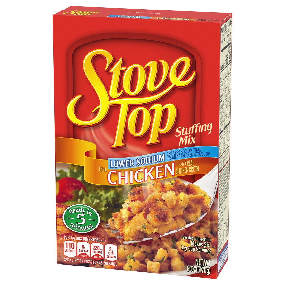 slide 7 of 9, Stove Top Low Sodium Stuffing Mix for Chicken with 25% Less Sodium, 6 oz Box, 6 oz