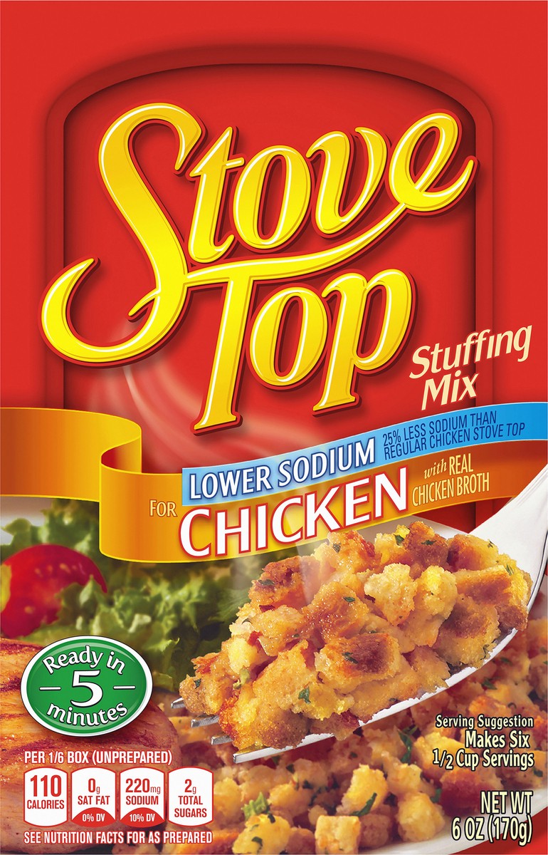 slide 4 of 9, Stove Top Low Sodium Stuffing Mix for Chicken with 25% Less Sodium, 6 oz Box, 6 oz