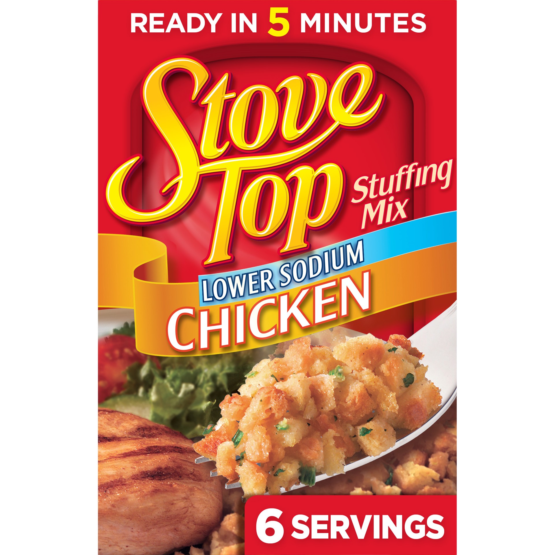 slide 1 of 9, Stove Top Low Sodium Stuffing Mix for Chicken with 25% Less Sodium, 6 oz Box, 6 oz