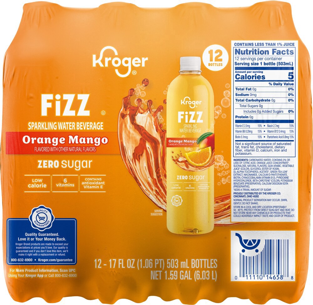 slide 3 of 3, Kroger® Fizz Zero Sugar Orange Mango Sparkling Water, 12 ct; 17 fl oz