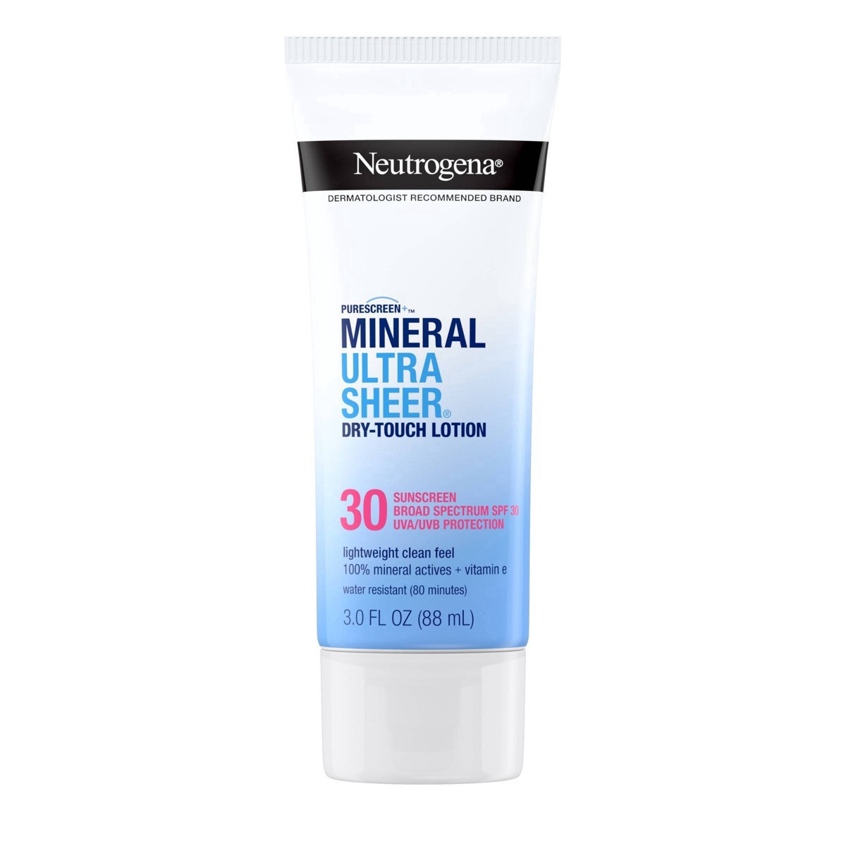 slide 9 of 21, Neutrogena Mineral UltraSheer Dry-Touch SPF 30 Sunscreen Lotion, Water-Resistant Broad-Spectrum UVA/UVB Protection, Skin Nourishing, Lightweight With Vitamin E, Oxybenzone-Free, 3.0 fl. oz, 30 ct; 3 oz