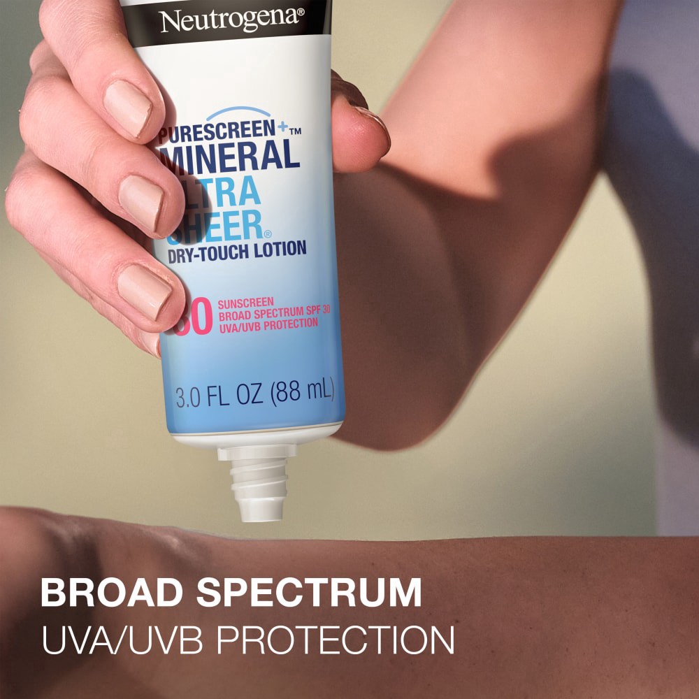 slide 11 of 21, Neutrogena Mineral UltraSheer Dry-Touch SPF 30 Sunscreen Lotion, Water-Resistant Broad-Spectrum UVA/UVB Protection, Skin Nourishing, Lightweight With Vitamin E, Oxybenzone-Free, 3.0 fl. oz, 30 ct; 3 oz