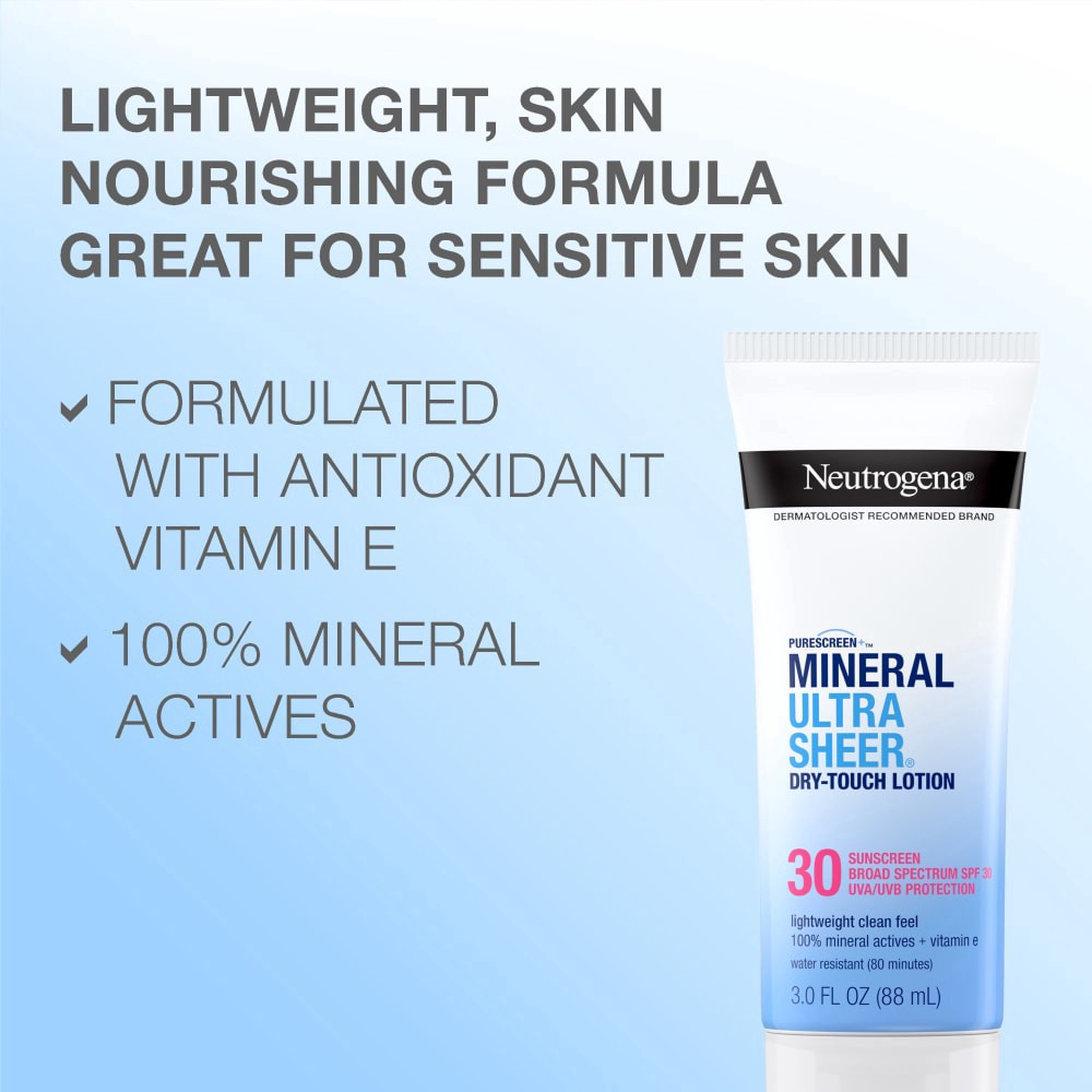 slide 5 of 21, Neutrogena Mineral UltraSheer Dry-Touch SPF 30 Sunscreen Lotion, Water-Resistant Broad-Spectrum UVA/UVB Protection, Skin Nourishing, Lightweight With Vitamin E, Oxybenzone-Free, 3.0 fl. oz, 30 ct; 3 oz