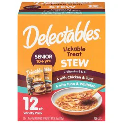 Delectables Stew Senior 10+Yrs with Chicken & Tuna/with Tuna & Whitefish Lickable Treat Variety Pack 12 - 1.4 oz Pouches
