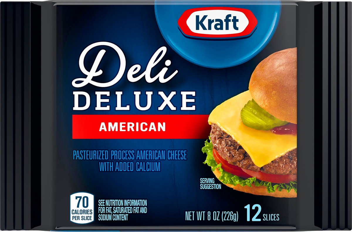 slide 1 of 9, Kraft Deli Deluxe American Cheese Slices, 8 oz Pack, 12 Slices, 12 ct