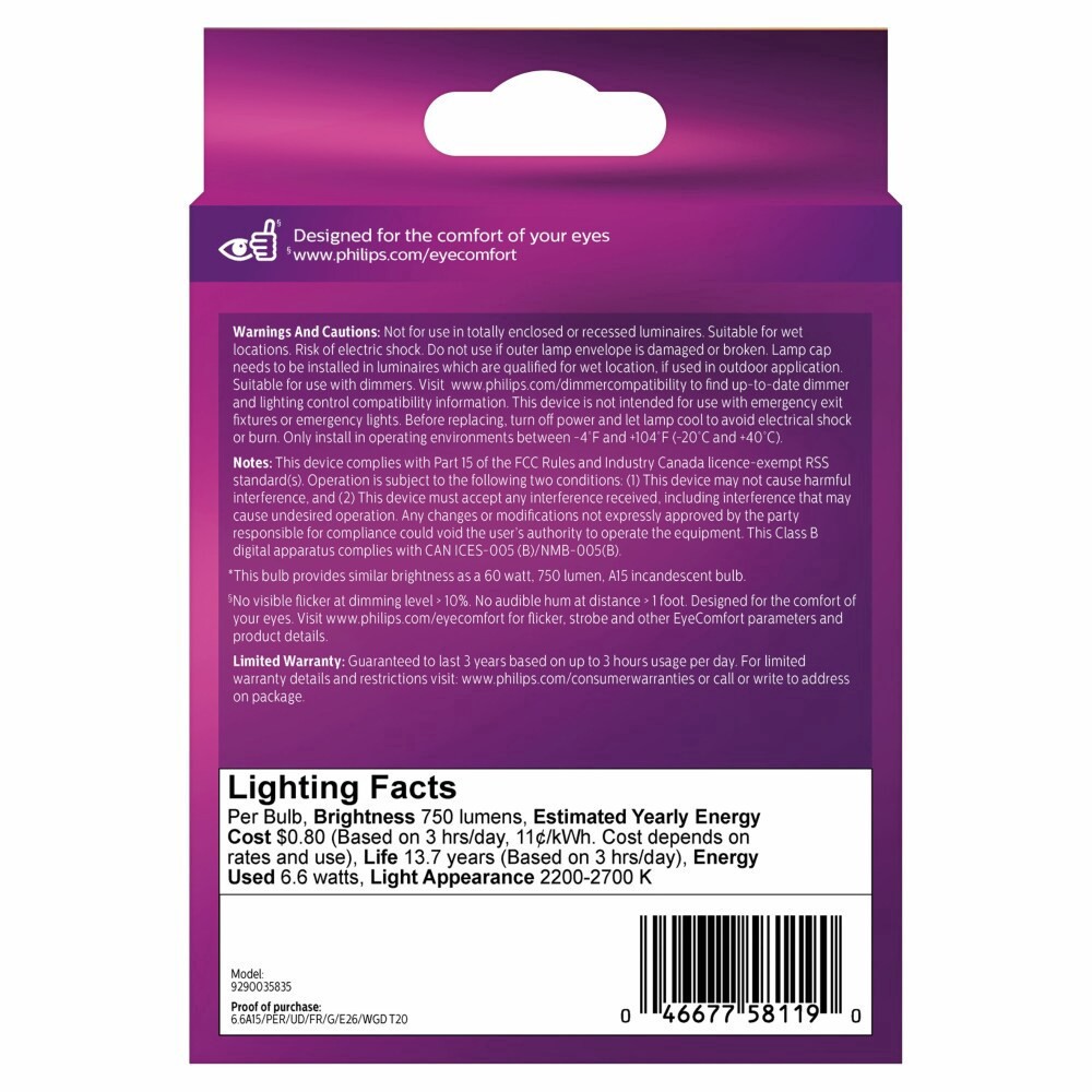 slide 6 of 6, Philips LED 60-Watt Equiv 6.6-Watt A15 Frosted Ultra Definition Light Bulb Soft White 2700K, 2 ct