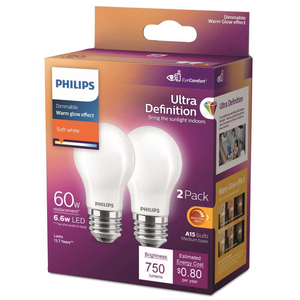slide 5 of 6, Philips LED 60-Watt Equiv 6.6-Watt A15 Frosted Ultra Definition Light Bulb Soft White 2700K, 2 ct