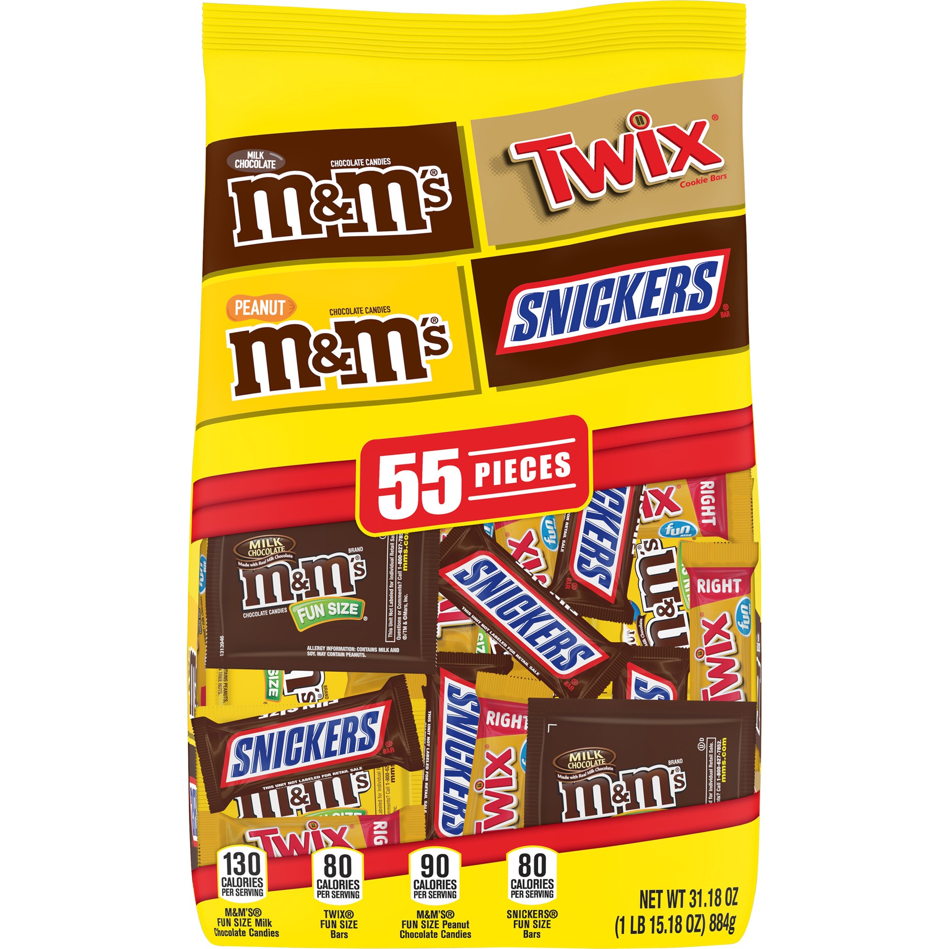 slide 1 of 8, Mixed M&M'S, SNICKERS & TWIX Variety Pack Fun Size Chocolate Candy Bars Assortment, 31.18 oz Bag, 31.18 oz