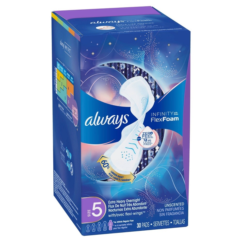 slide 2 of 5, Always Infinity Size 5 Extra Heavy Absorbency Unscented Overnight Sanitary Pads With Wings, 30 ct