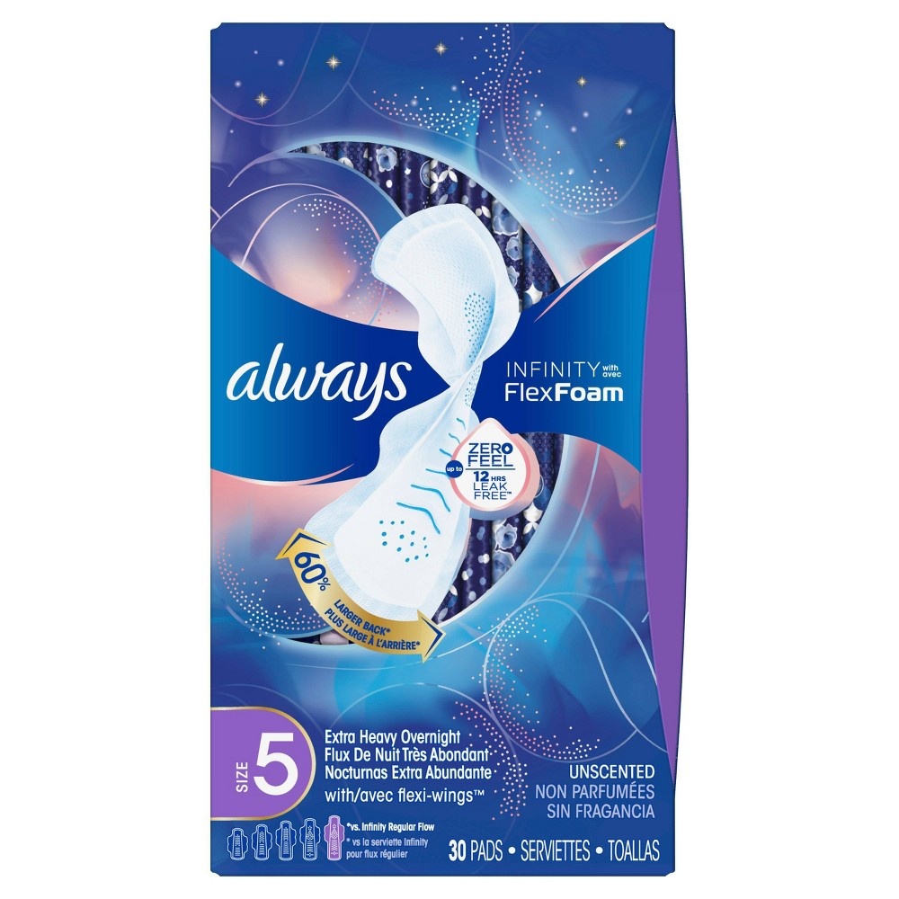 slide 4 of 5, Always Infinity Size 5 Extra Heavy Absorbency Unscented Overnight Sanitary Pads With Wings, 30 ct