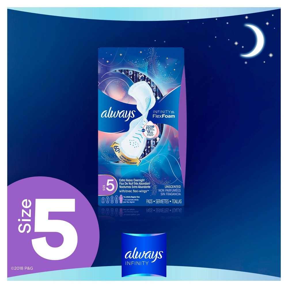 slide 5 of 5, Always Infinity Size 5 Extra Heavy Absorbency Unscented Overnight Sanitary Pads With Wings, 30 ct