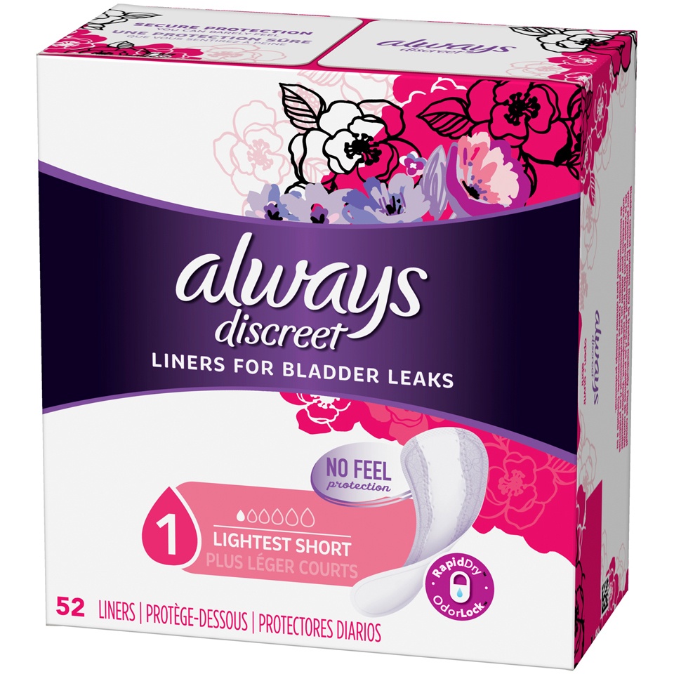 slide 3 of 3, Always Discreet Lightest Absorbency Short Liners For Bladder Leaks, 52 ct