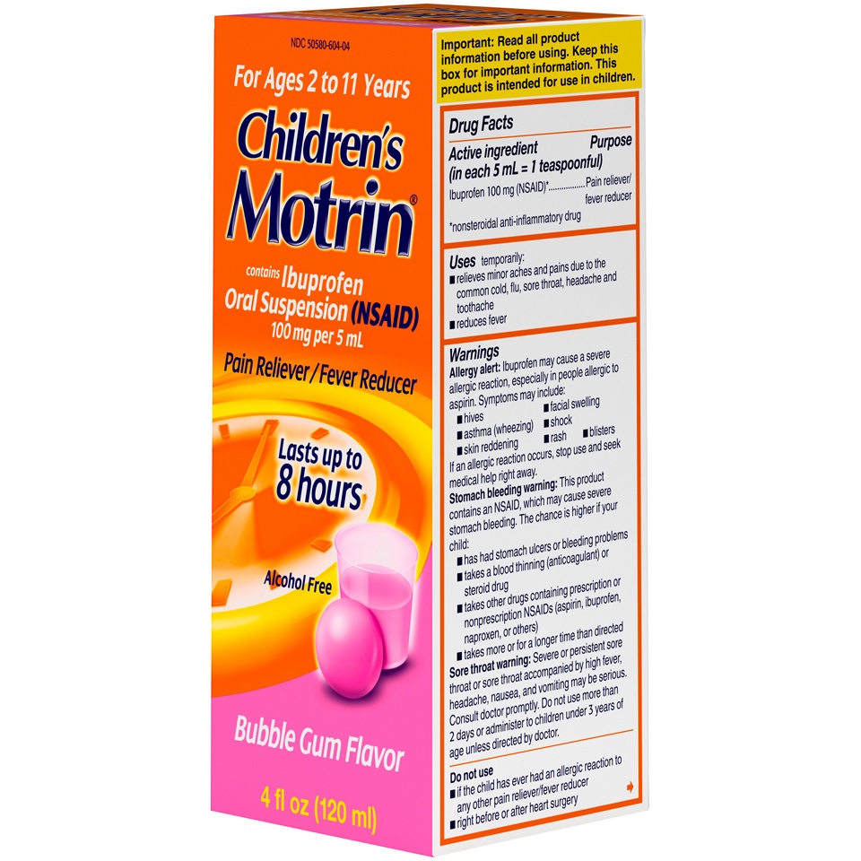 slide 3 of 6, Children's Motrin Flavored Pain & Fever Reducer Liquid Syrup - Acetaminophen/Ibuprofen (NSAID) - Bubble Gum, 4 fl oz