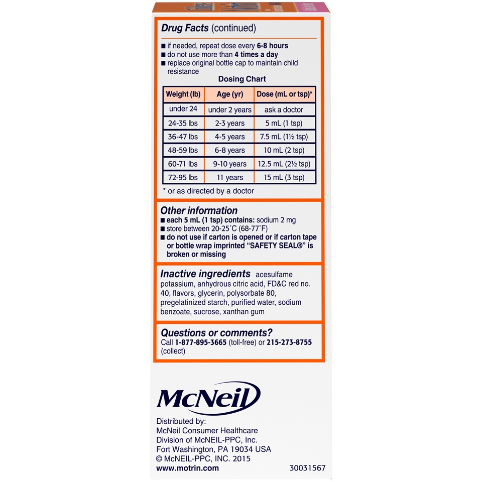slide 4 of 6, Children's Motrin Oral Suspension Medicine, 100 mg Ibuprofen, Kids Fever Reducer & Pain Reliever for Minor Aches & Pains Due to Cold & Flu, Alcohol-Free, Bubble Gum Flavored, 4 fl oz