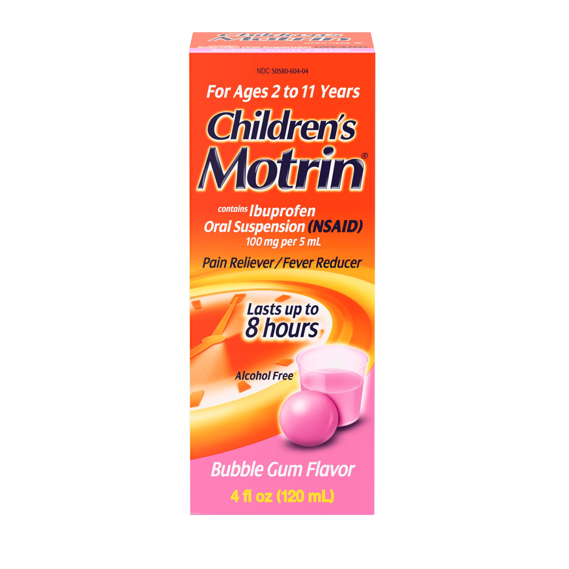 slide 1 of 9, Children's Motrin Oral Suspension Medicine, 100 mg Ibuprofen, Kids Fever Reducer & Pain Reliever for Minor Aches & Pains Due to Cold & Flu, Alcohol-Free, Bubble Gum Flavored, 4 fl. oz, 4 fl oz