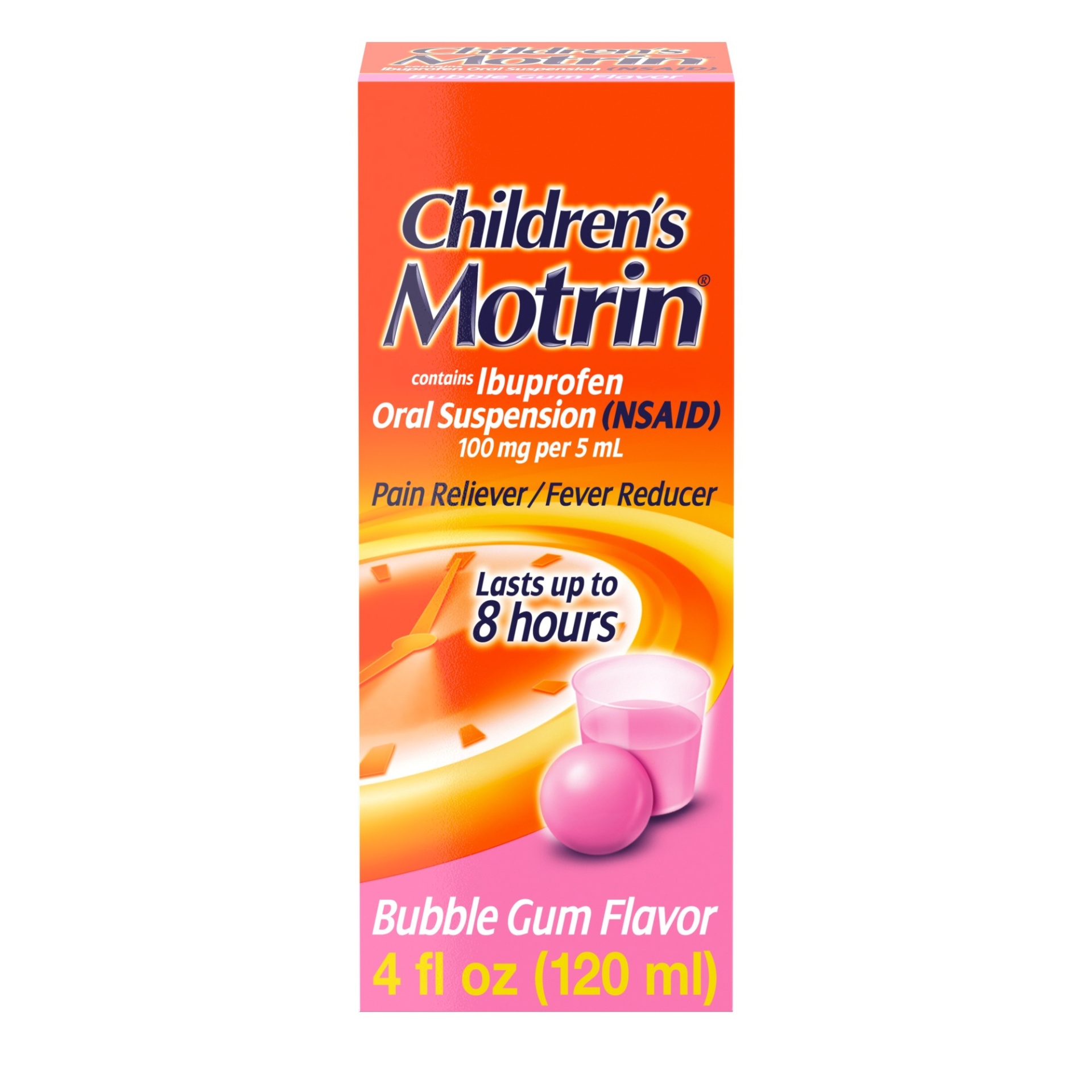 slide 1 of 6, Children's Motrin Oral Suspension Medicine, 100 mg Ibuprofen, Kids Fever Reducer & Pain Reliever for Minor Aches & Pains Due to Cold & Flu, Alcohol-Free, Bubble Gum Flavored, 4 fl oz