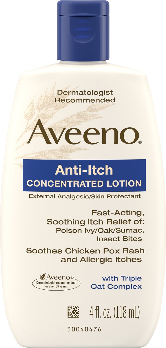 slide 4 of 5, Aveeno Anti-Itch Concentrated Lotion with Calamine and Triple Oat Complex, Skin Protectant for Fast-Acting Itch Relief from Poison Ivy, Insect Bites, Chicken Pox, and Allergic Itches, 4 fl. oz, 