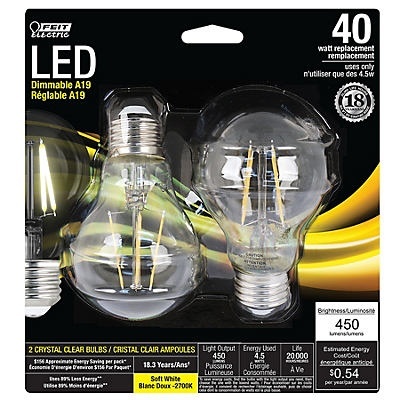 slide 1 of 1, Feit Electric A19 LED Filament 40 Watt Soft White Clear, 2 ct