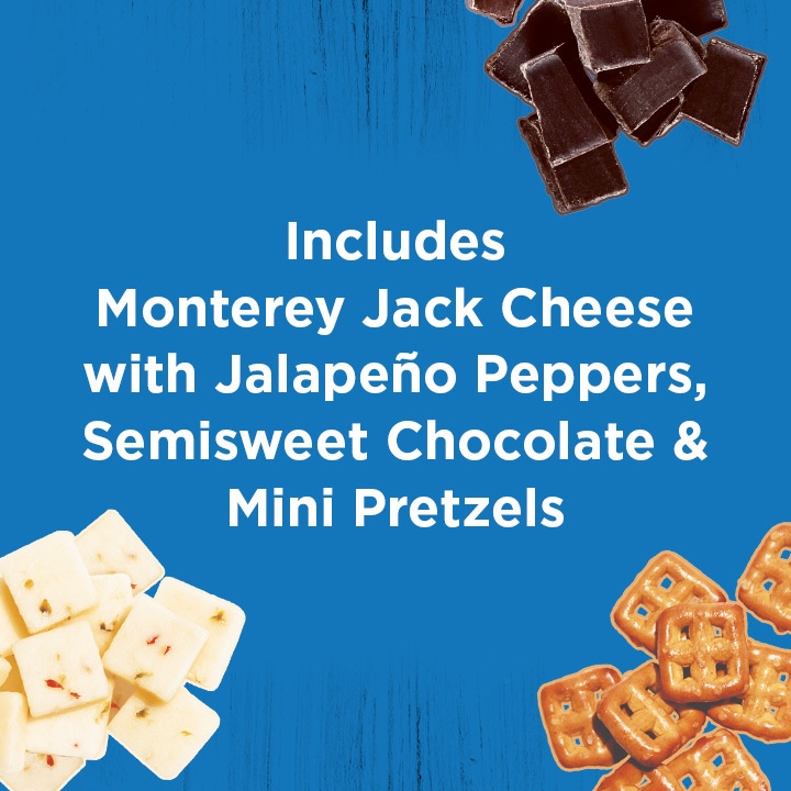 slide 4 of 13, Kraft Trios SnackFulls Pepper Jack Cheese, Mini Pretzels & Chocolate Snack Pack Tray, 2.25 oz