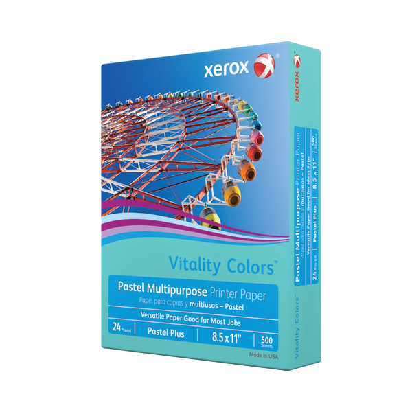 slide 2 of 3, Xerox® Vitality Colors™ Pastel Plus Color Multi-Use Printer & Copy Paper, 1 Ream, Aqua, Letter (8.5"" x 11""), 500 Sheets Per Ream, 24 Lb, 30% Recycled, 500 ct