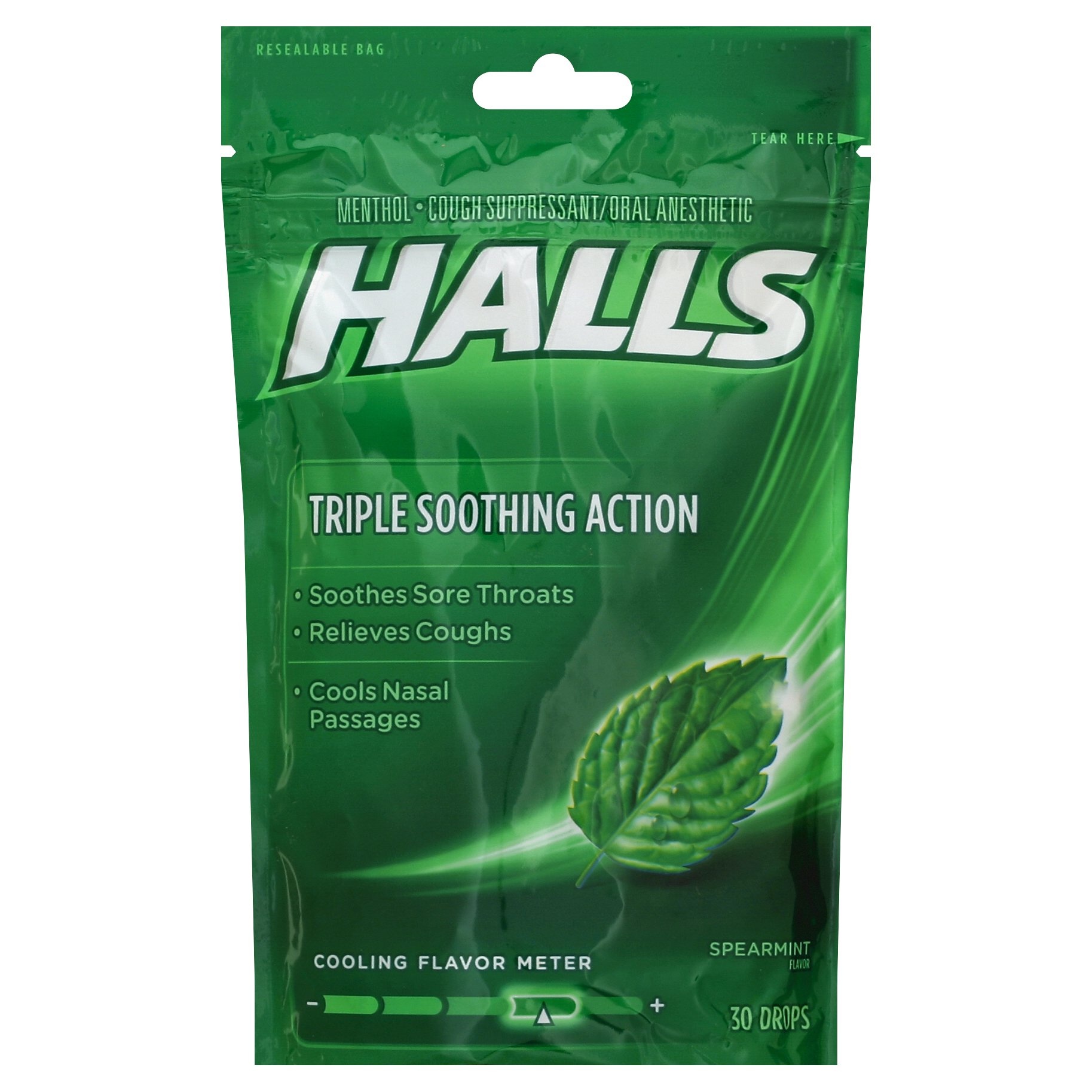 slide 1 of 5, Halls Triple Soothing Cough Drops Spearmint, 30 ct