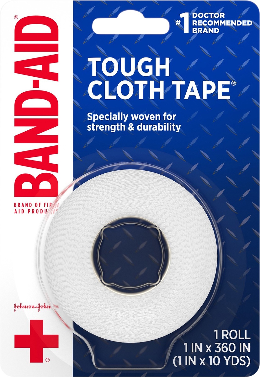 slide 4 of 6, BAND-AID of First Aid Products All-Purpose Tough Cloth Tape, Durable Fabric Medical Tape for First-Aid and Securing Bandages, Dressings, and Wound Covers, 1 inch by 10 yards, 10 yd