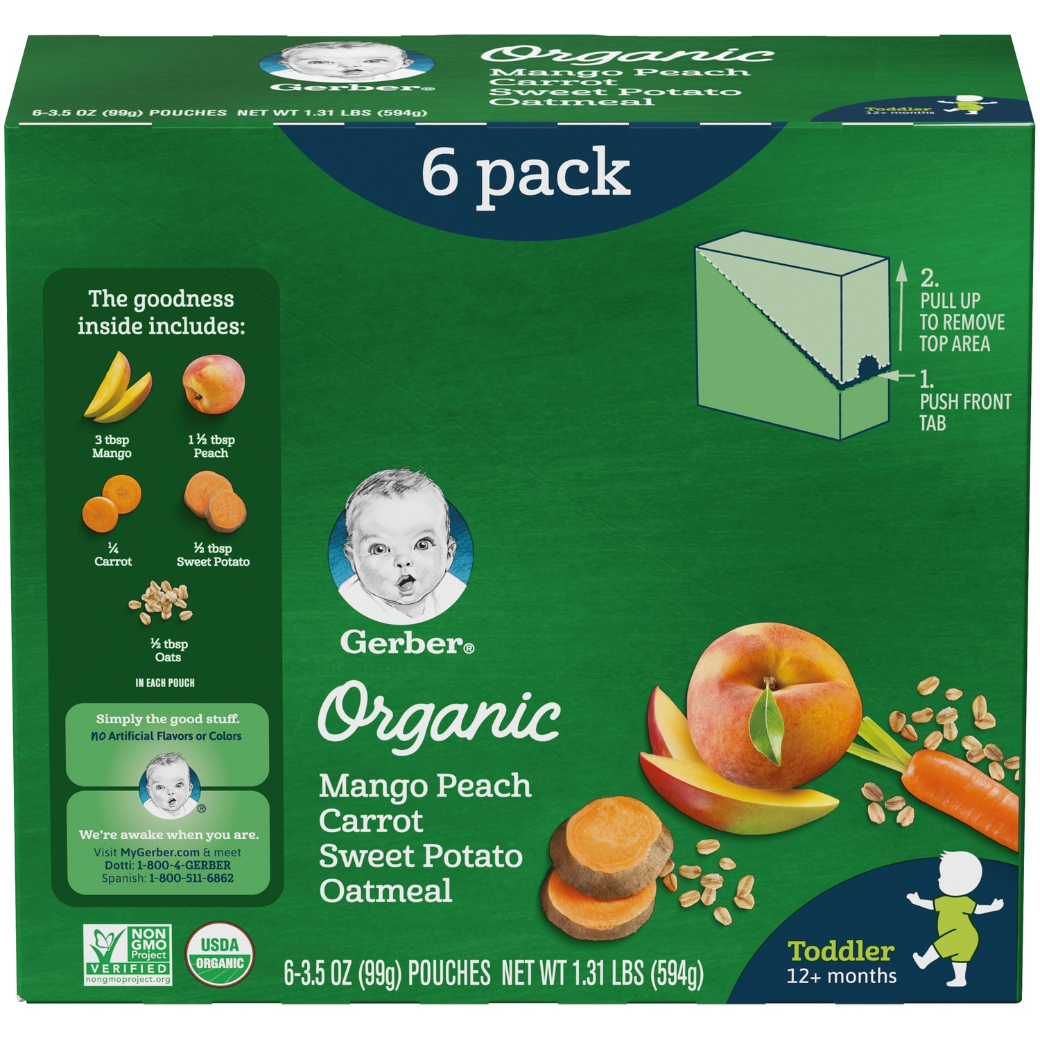 slide 2 of 9, Gerber 2nd Foods Organic Mango Peach Carrot Sweet Potato Oatmeal Baby Food 6-3.5 Oz. Pouches, 1.31 lb