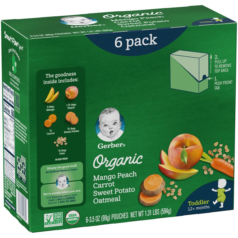 slide 3 of 9, Gerber 2nd Foods Organic Mango Peach Carrot Sweet Potato Oatmeal Baby Food 6-3.5 Oz. Pouches, 1.31 lb