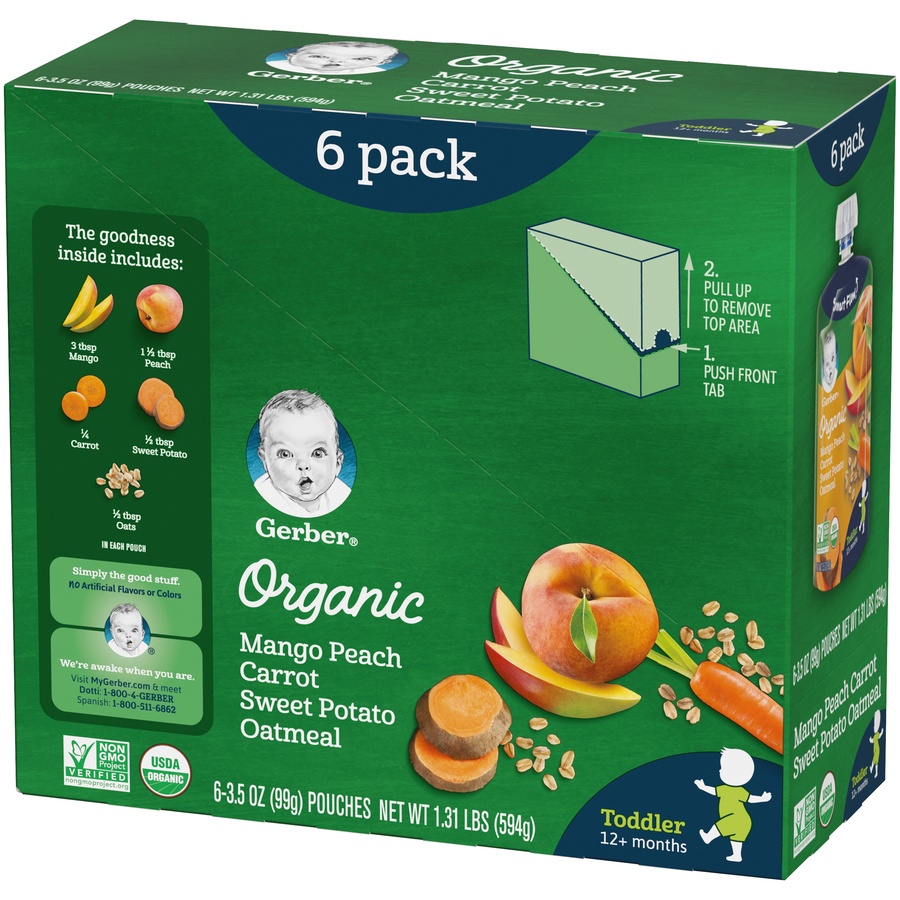 slide 4 of 9, Gerber 2nd Foods Organic Mango Peach Carrot Sweet Potato Oatmeal Baby Food 6-3.5 Oz. Pouches, 1.31 lb