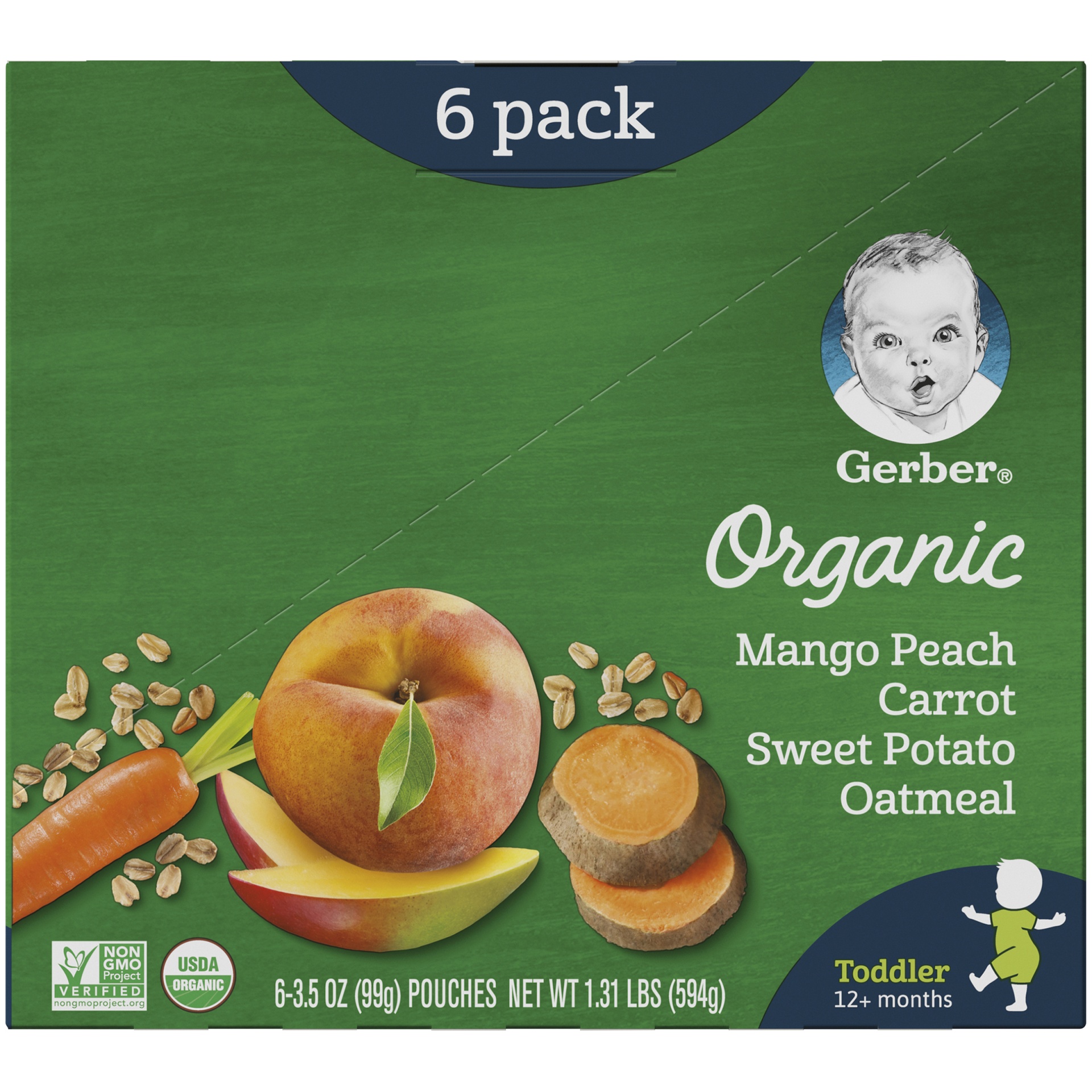 slide 7 of 9, Gerber 2nd Foods Organic Mango Peach Carrot Sweet Potato Oatmeal Baby Food 6-3.5 Oz. Pouches, 1.31 lb