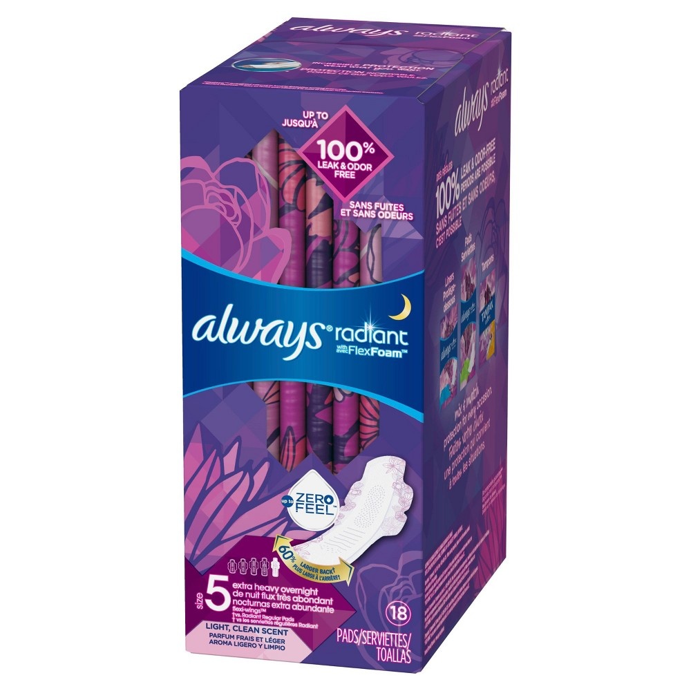 slide 4 of 5, Always Radiant, Size 5, Extra Heavy Overnight Sanitary Pads With Wings, Scented, 18 ct