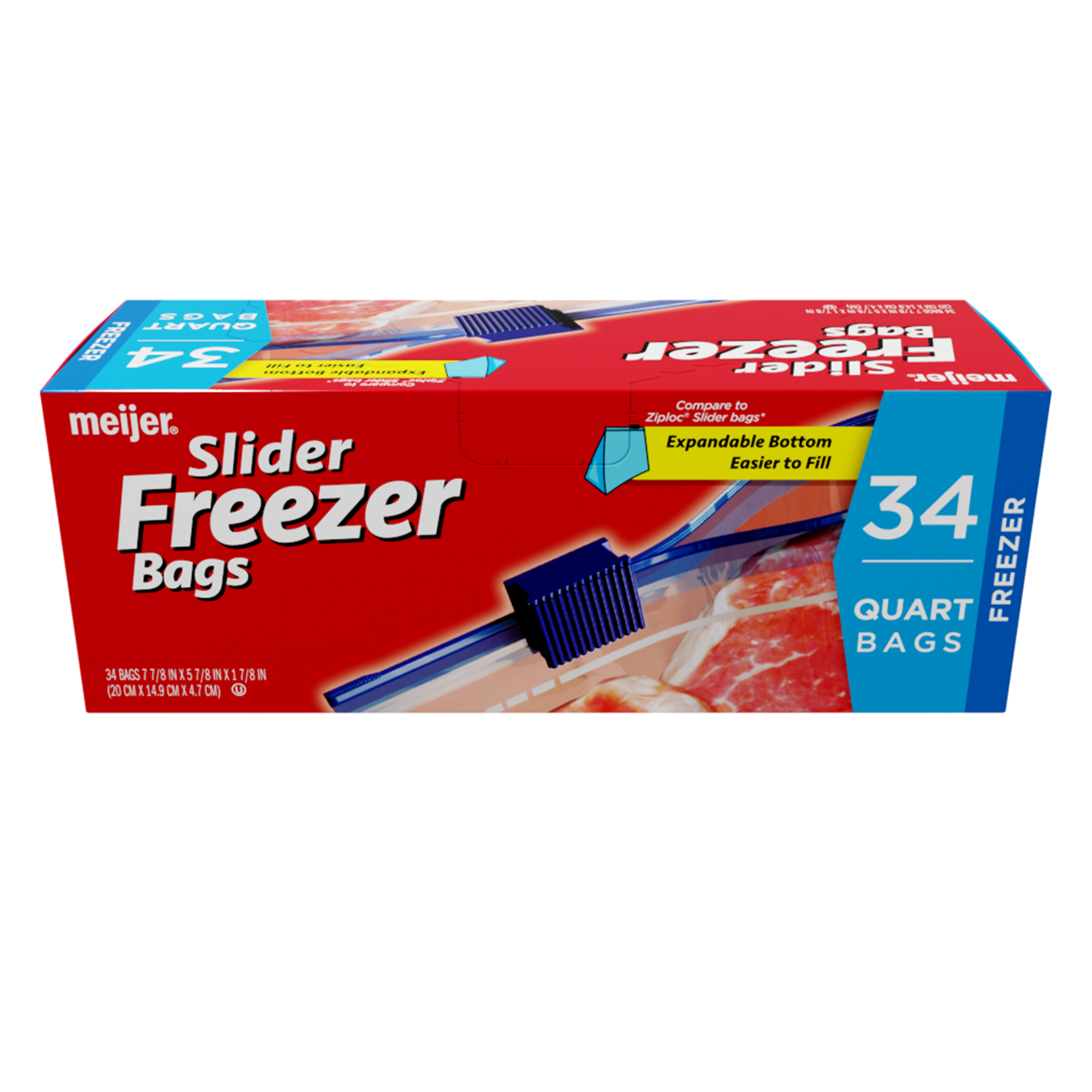 slide 1 of 1, Meijer Slider Lock Freezer Bags with Expandable Bottom, Quart, 34 ct